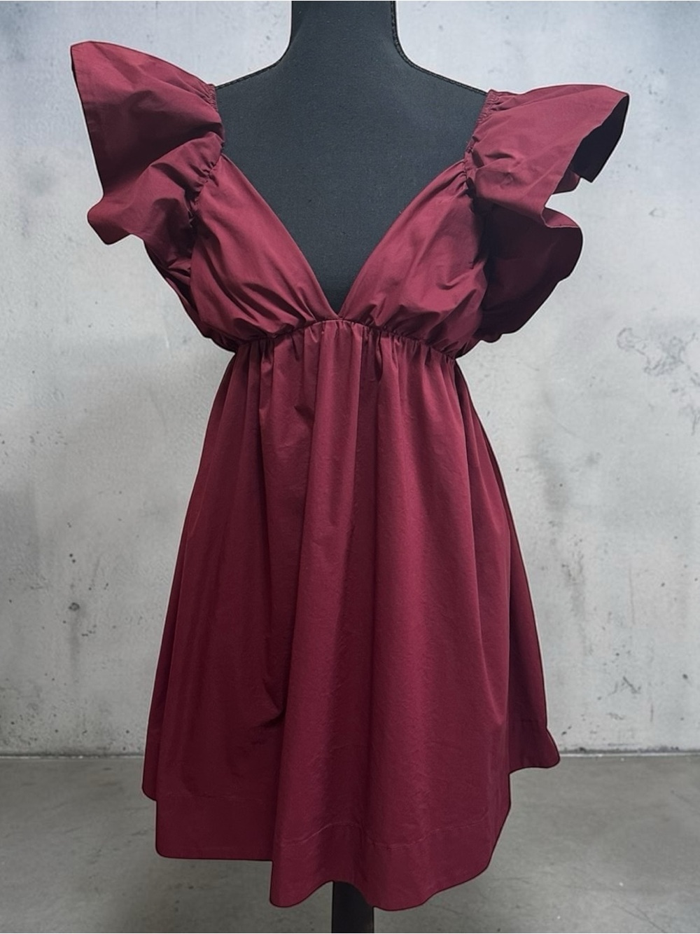Day + Moon. Plunging V-Neck Ruffle Sleeve Mini Dress in Burgundy - Picture 6 of 6